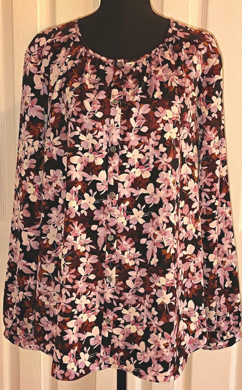 J. Jill Wearever Floral Woven Button-Front Long Sleeve Top L Purple Brown Fall